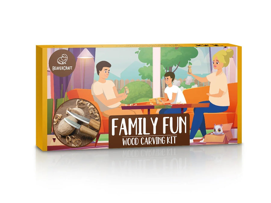 Packaging for Beaver Craft DIY09 Family Fun Wood Carving Starter Kit, featuring an illustration of a family carving a wooden mushroom together. | King of Knives e-store