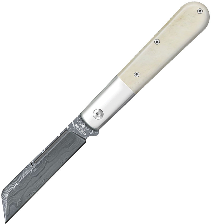 A folded pocket knife with a Damascus steel sheepsfoot blade and a white smooth bone handle. | King of Knives e-store