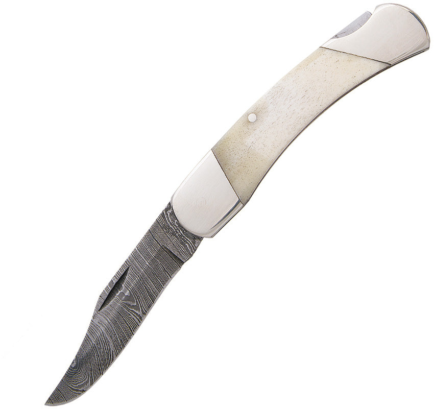 A folded Bear & Son knife with a white smooth bone handle and a Damascus steel blade, featuring a nickel silver bolster. | King of Knives e-store