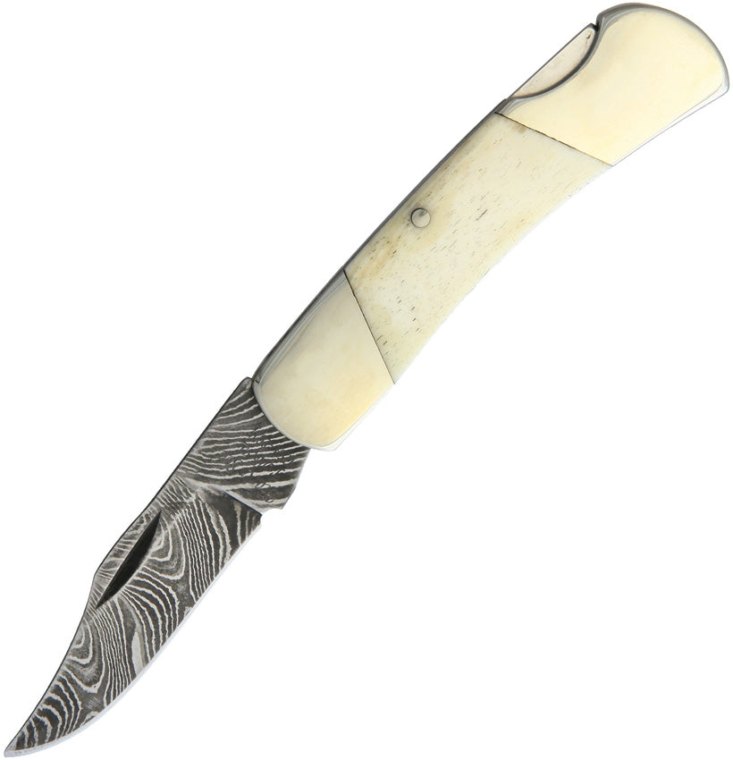 A Bear & Son folding knife with a white bone handle and a Damascus steel blade, featuring a lockback mechanism. | King of Knives e-store