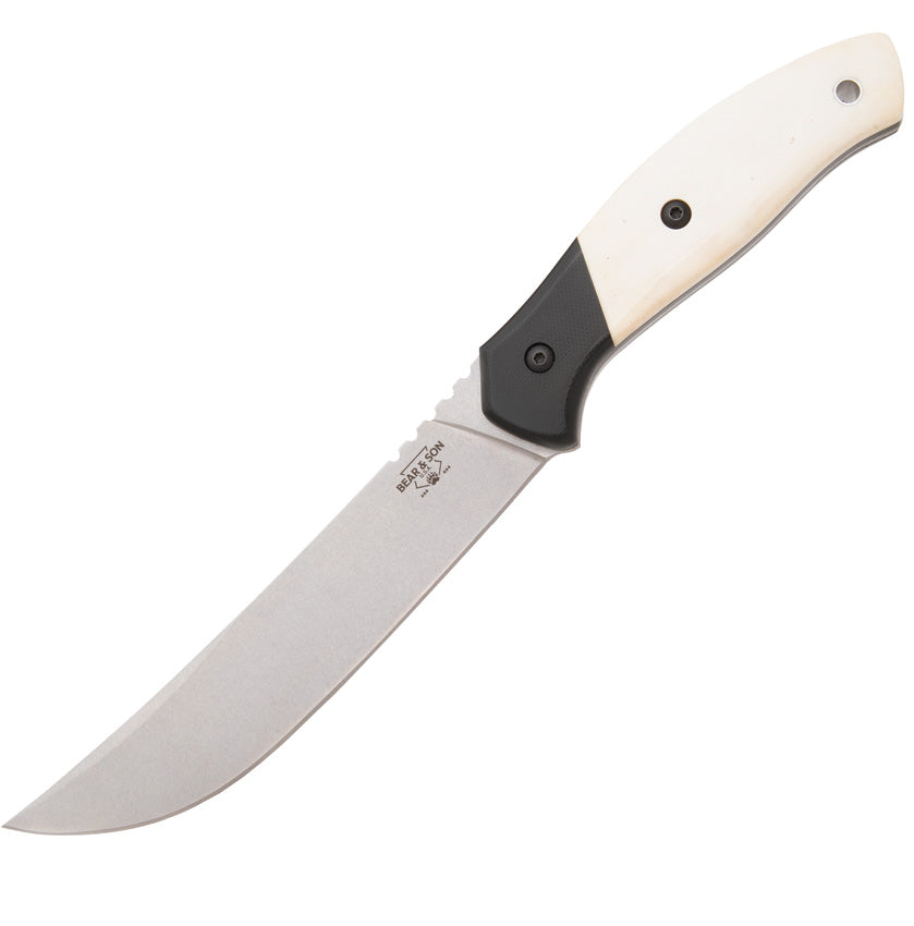 A boning knife with a stainless steel blade, white and black handle, and black plastic sheath. King of Knives e-store