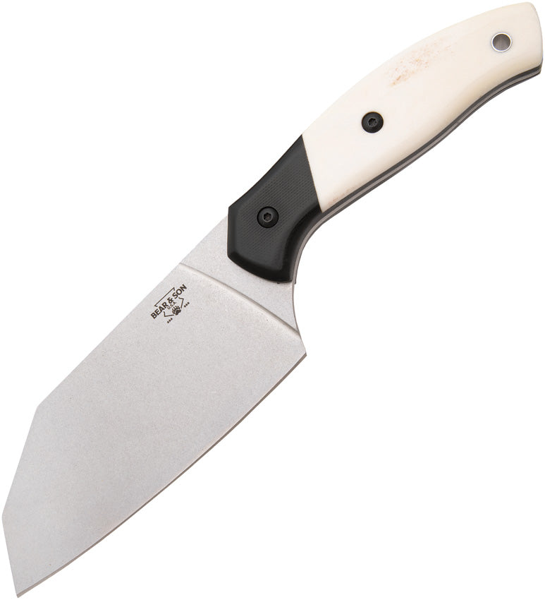 A Bear & Son professional chopping knife with a stonewash finish blade, white micarta and black G10 handle, and black plastic sheath. | King of Knives e-store