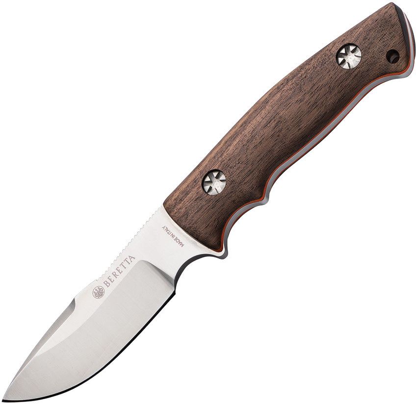 Beretta Eland Fixed Blade knife with walnut handle and brown leather belt sheath.