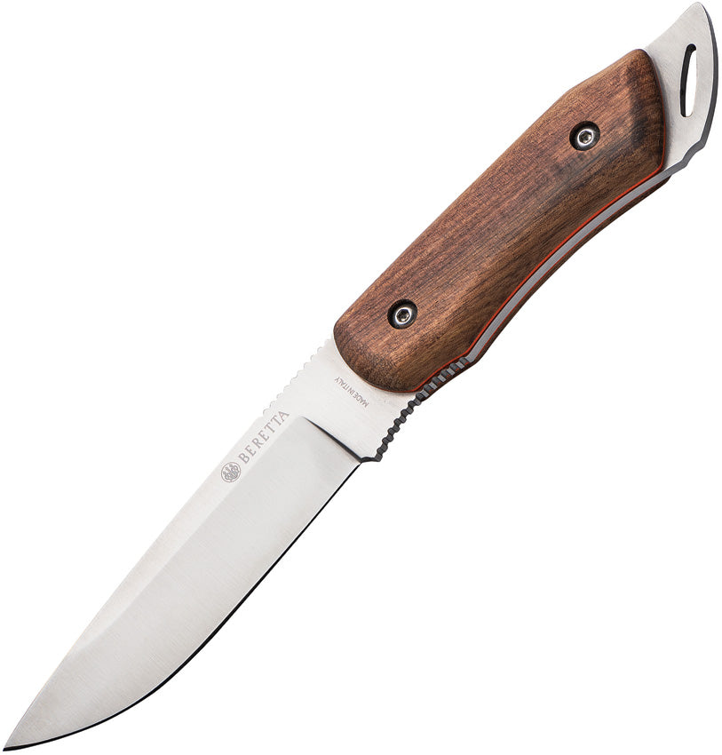Beretta fixed blade knife with walnut handle and brown leather sheath.