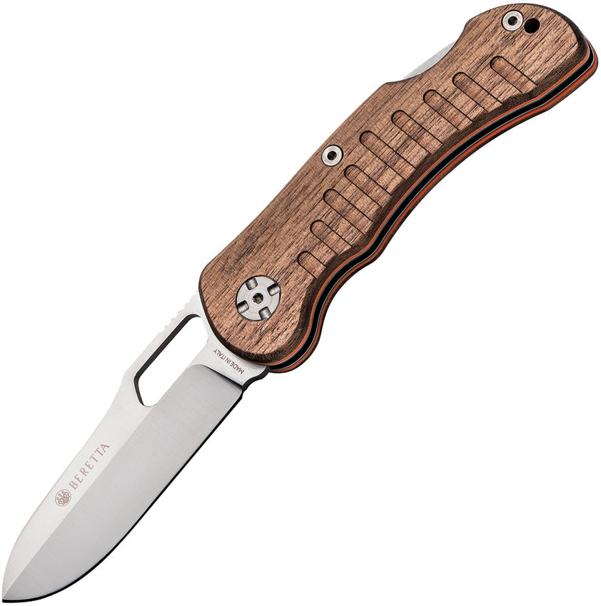 A Beretta Bushbuck Lockback folding knife with a satin finish stainless steel blade and a walnut handle with a lanyard hole and thumb pull.