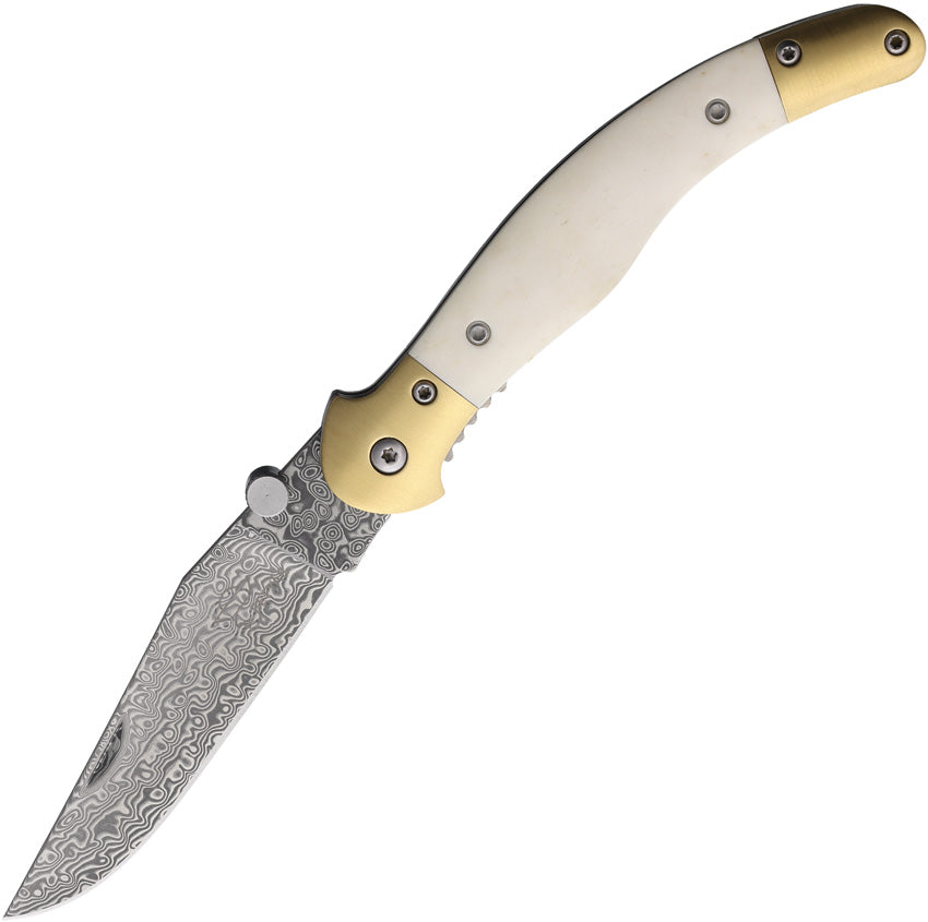 A foldable hunting knife with a Damascus steel blade and white bone handle, featuring a brass bolster and thumb stud, and a pocket clip.