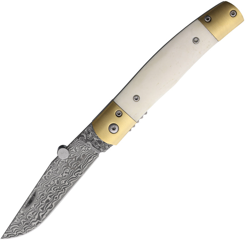 A folded pocket knife with a Damascus steel blade and white bone handle, featuring a brass bolster and thumb stud, with the blade partially open.