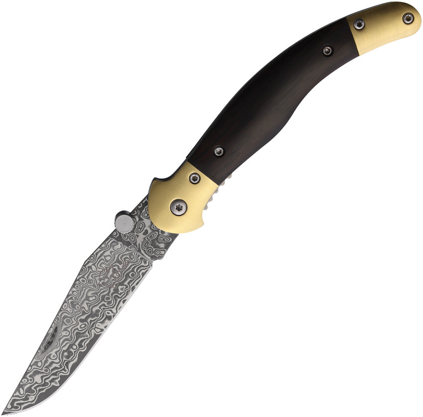 A foldable hunting knife with a Damascus steel blade and brown wood handle, featuring a linerlock mechanism.