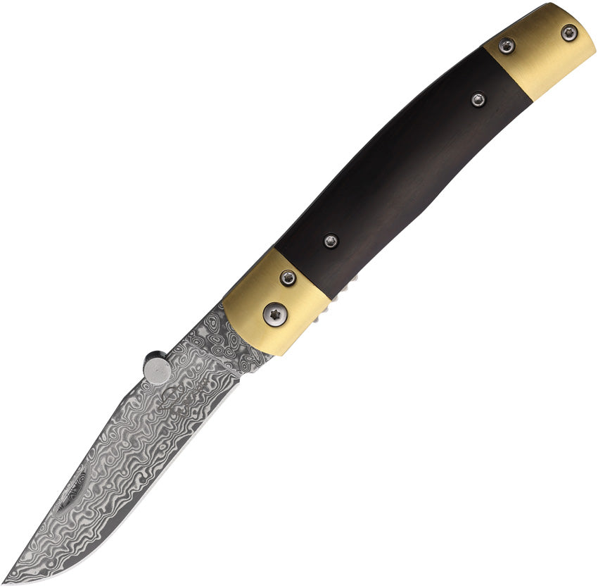 A folded pocket knife with a Damascus steel blade, brown wooden handle, brass bolster, and a metal linerlock.