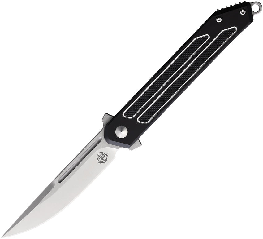 A folding knife with a satin finish D2 tool steel blade, black and silver aluminum handle, extended tang, lanyard hole, and pocket clip. Begg Knives Kwaiken Linerlock Black 3.5 Inch Blade - Pocket EDC Knife | King of Knives e-store