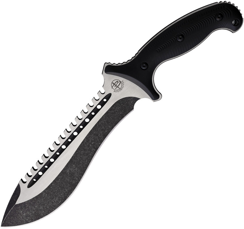 Begg fixed blade knife with a black sawback stainless steel blade and black injection molded nylon handle. The knife is displayed alongside its black belt sheath.