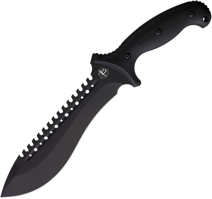 Begg Fixed blade knife with a black sawback stainless steel blade and black nylon handle, full tang design with a lanyard hole. | King of Knives e-store