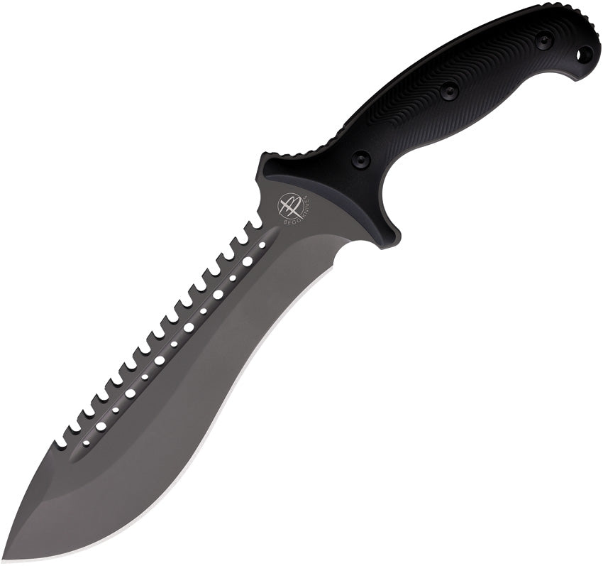 Begg Fixed blade knife with a gray titanium coated sawback blade and black handle, overall length of 13.25 inches. | King of Knives e-store