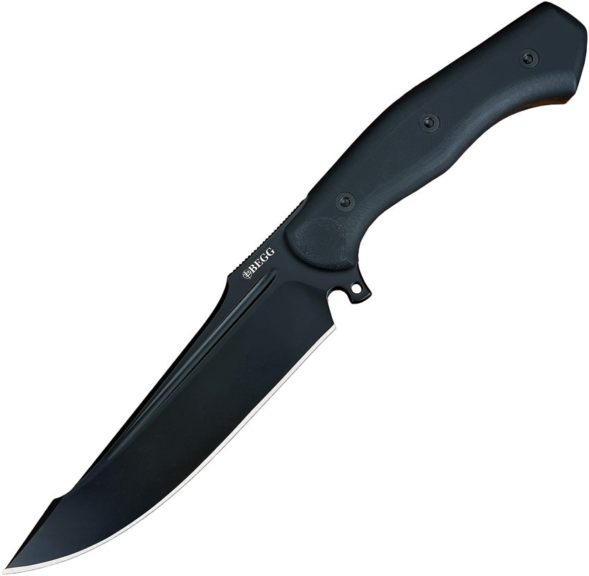 A black fixed blade knife with a Harpoon tip blade and a black G10 handle, boxed.