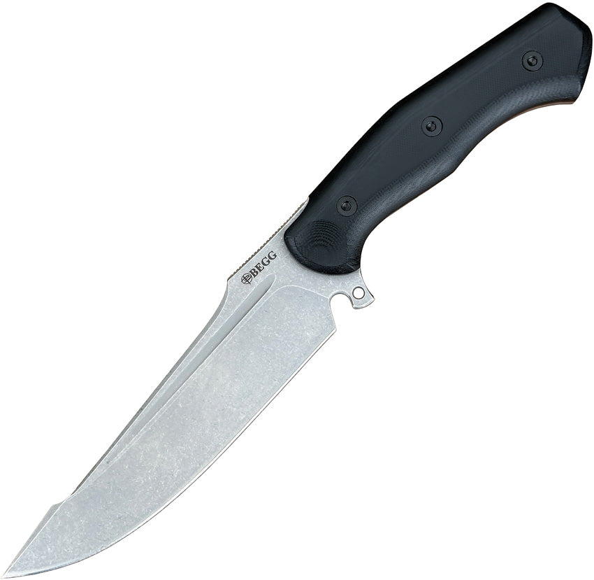 A fixed blade hunting knife with a black G10 handle and a stainless steel blade, featuring a full tang design and a black FRN belt sheath.