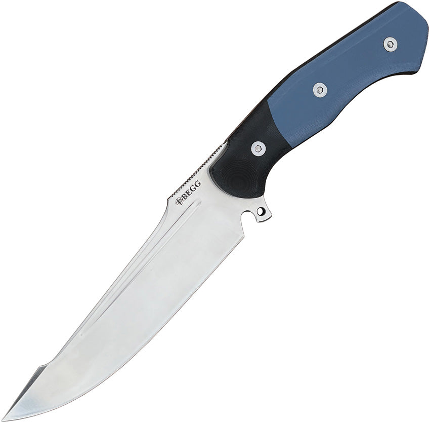 A fixed blade hunting knife with a blue and black G10 handle, satin finish blade, and black FRN belt sheath.