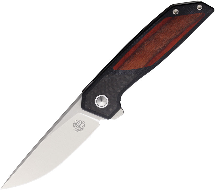 A folding knife with a black G10 handle featuring brown wood and carbon fiber inlay, with a satin finish VG-10 stainless blade and an extended tang.