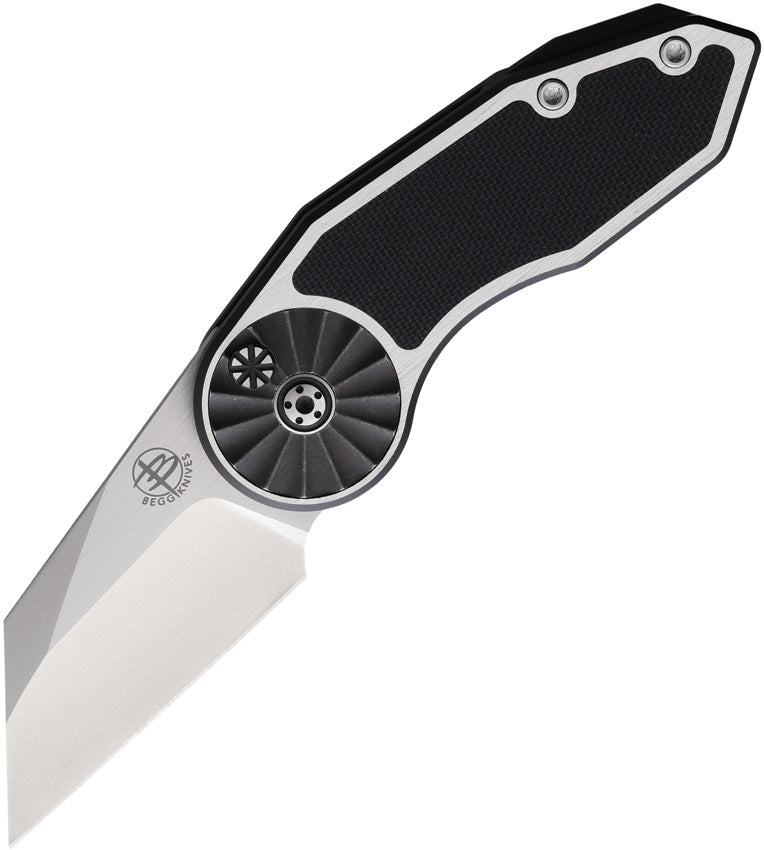 A folded pocket knife with a satin finish blade, black G10 inlay handle, and rosette pattern, featuring a button lock mechanism. | EDC Knife - Begg Knives Micro Burst Button Lock Rose 2.25 Inch Blade | King of Knives e-store