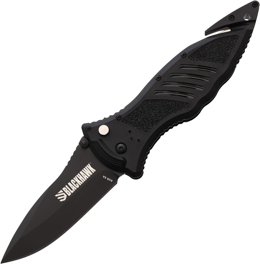 Blackhawk folding knife with black PVD coated D2 tool steel blade, black FRN handle, and button lock mechanism.