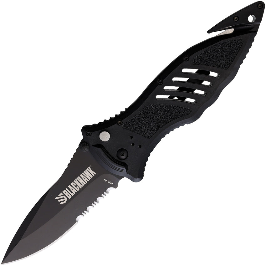 A black folding knife with a partially serrated blade and a black nylon handle, featuring a lock mechanism and a pocket clip.