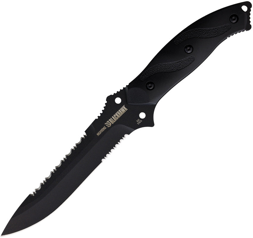 A Blackhawk fixed blade knife with a black PVD coated partially serrated D2 tool steel blade, black Zytel handle, and a serrated top edge. The knife has an overall length of 11 inches and a lanyard hole at the handle's end.