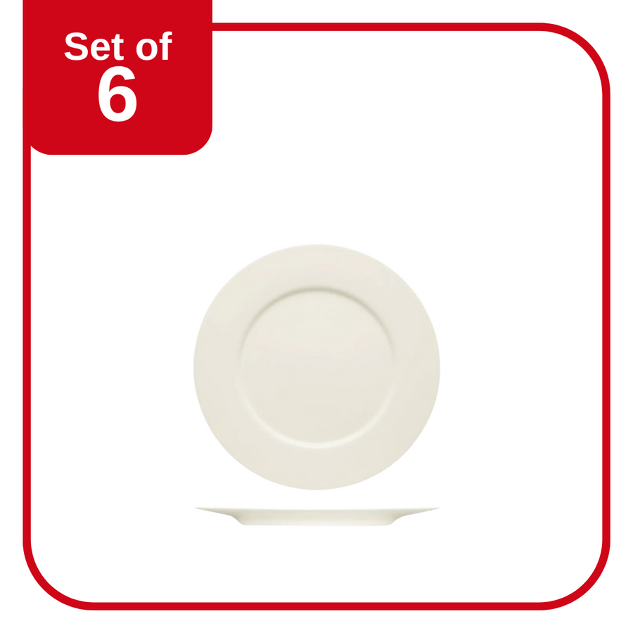 A white, oval-shaped Bauscher Purity flat plate with rim, displayed against a plain background, indicating it is part of a set of 6.