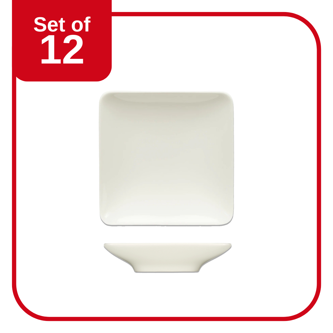 A white square ceramic plate with a simple, elegant design, displayed against a white background with a red 'Set of 12' label.