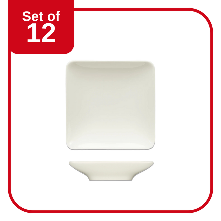 A white square ceramic plate with a simple, elegant design, displayed against a white background with a red 'Set of 12' label.