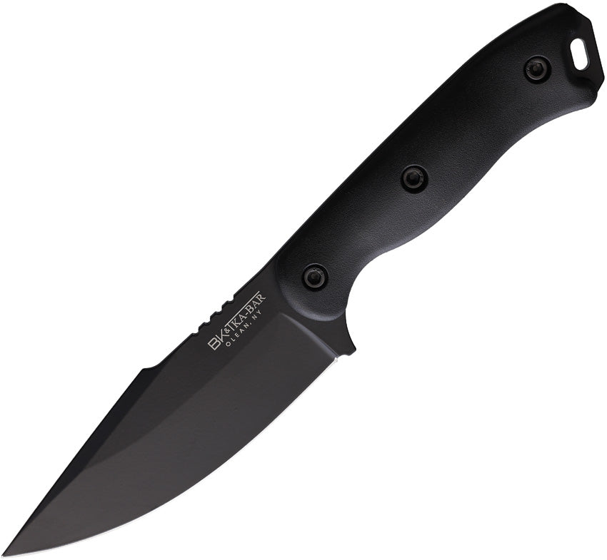 A black fixed blade knife with a harpoon-style blade and a black handle, featuring the Becker brand name on the side. Becker. | King of Knives e-store