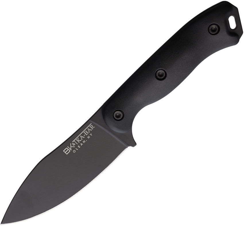 Fixed blade knife with a black handle and black finish 1095 Cro-Van carbon steel blade, featuring a full tang design and a lanyard hole. Becker | King of Knives e-store