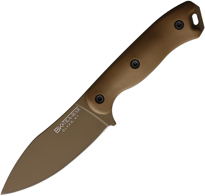 A brown fixed blade knife with a full tang handle and a brown coated 1095 Cro-Van carbon steel blade, branded with 'BECKER' on the side. | King of Knives e-store