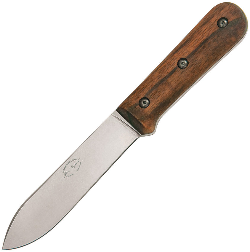 Fixed blade knife with a walnut handle and a stonewash finish blade, overall length of 9.63 inches. Becker | King of Knives e-store