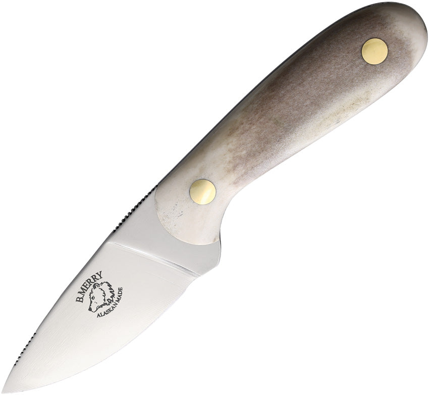 A knife with a stainless steel blade and a caribou antler handle, featuring a brown leather belt sheath.