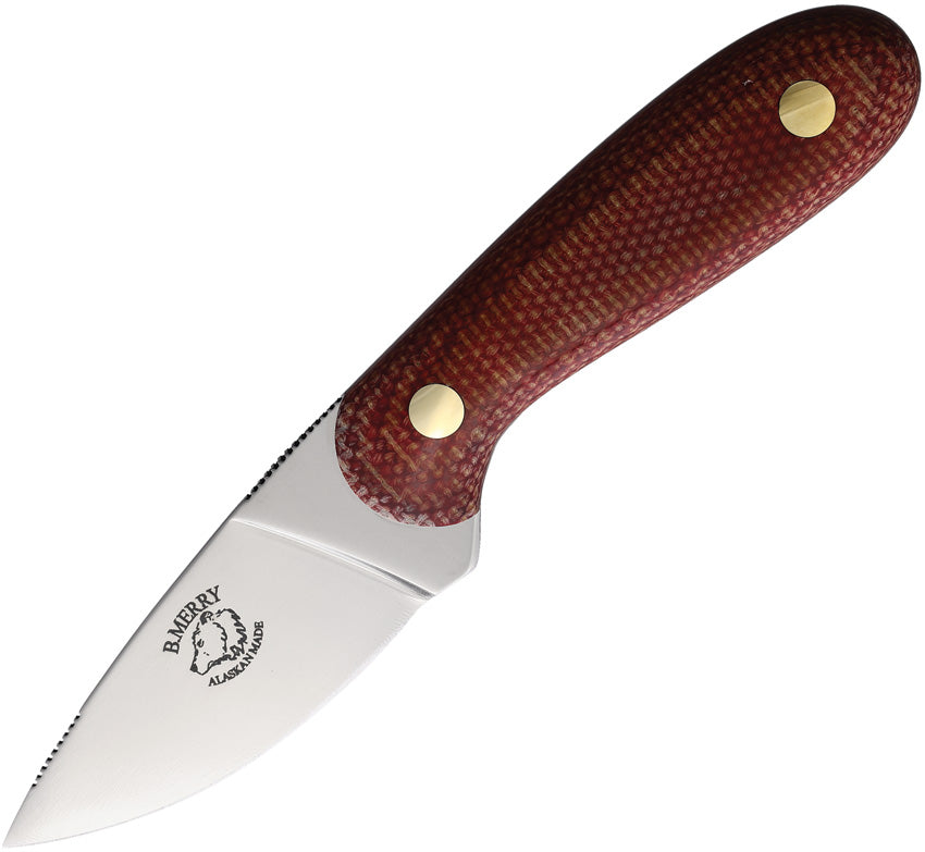 A fixed blade knife with a red canvas micarta handle and a mirror finish stainless steel blade, accompanied by a brown leather belt sheath.