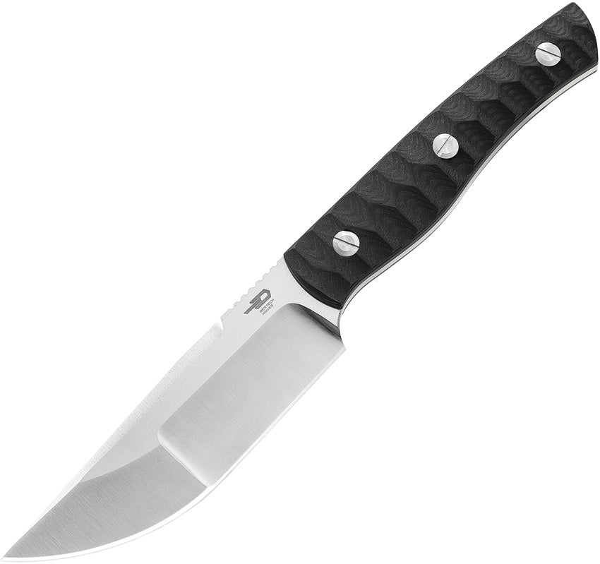 A fixed blade knife with a satin finish stainless steel blade and black Kydex belt sheath, featuring a carbon fiber handle with silver accents.