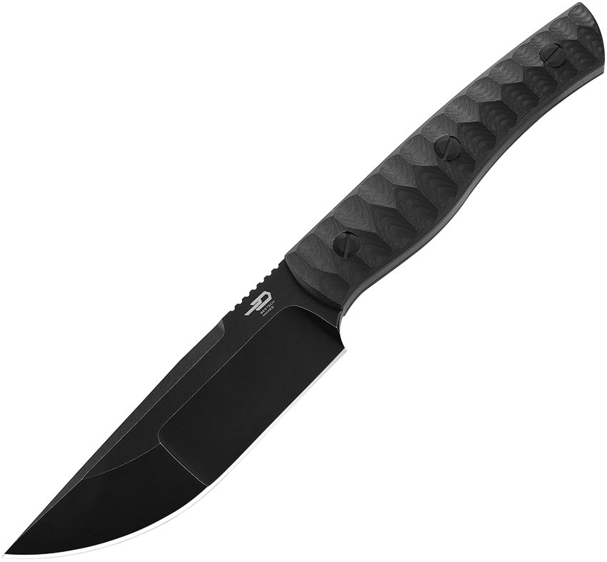 A fixed blade knife with a black stonewash finish stainless blade and carbon fiber handle, accompanied by a black Kydex belt sheath.