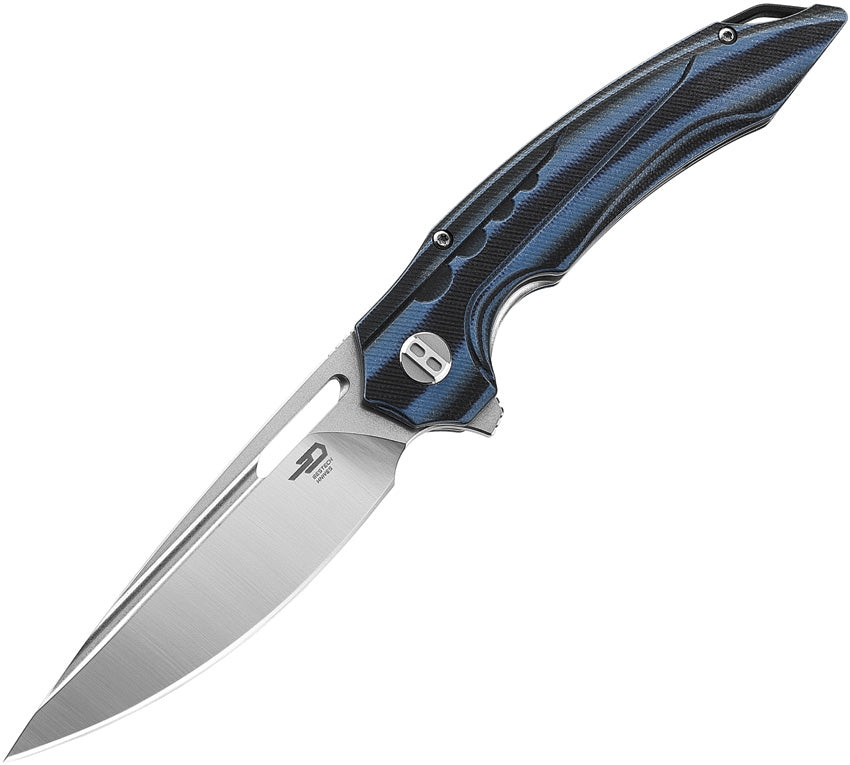 A folded hunting knife with a black and blue handle, featuring a stonewash and satin finish blade.