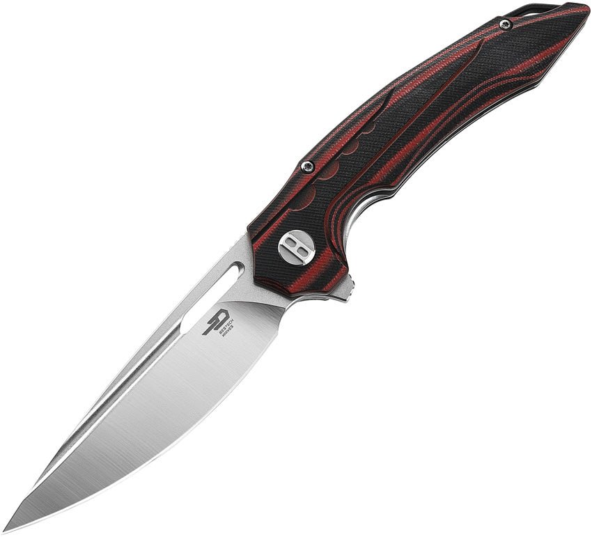 A folded hunting knife with a red and black handle, and a metallic blade, showing the front side with the brand name 'Bestech Knives' inscribed.