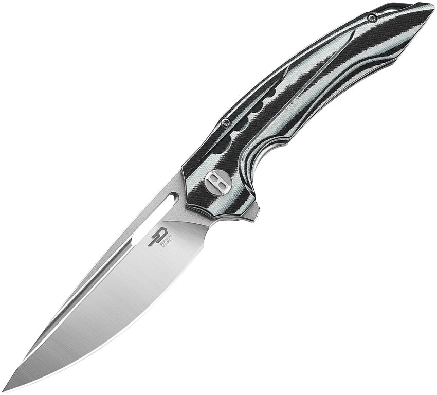 A folded Bestech Knives Ornetta Linerlock with a black and white handle featuring G10 and carbon fiber, and a satin finish blade.