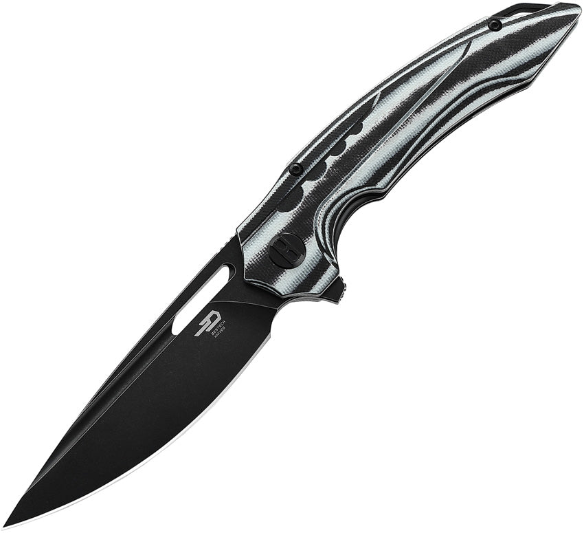 A folded pocket knife with a black stonewash finish blade, black and white G10 and carbon fiber handle, and ceramic ball bearings. The knife is partially open, displaying the blade and the handle.