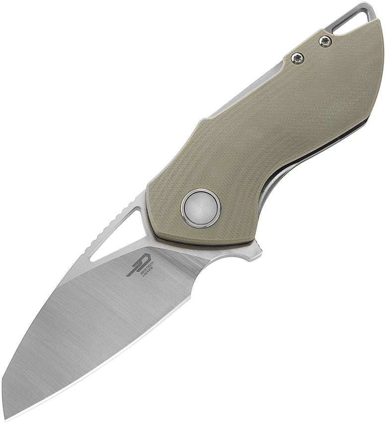 A folded hunting knife with a champagne-colored G10 handle and a satin finish stainless steel blade, featuring a linerlock mechanism.