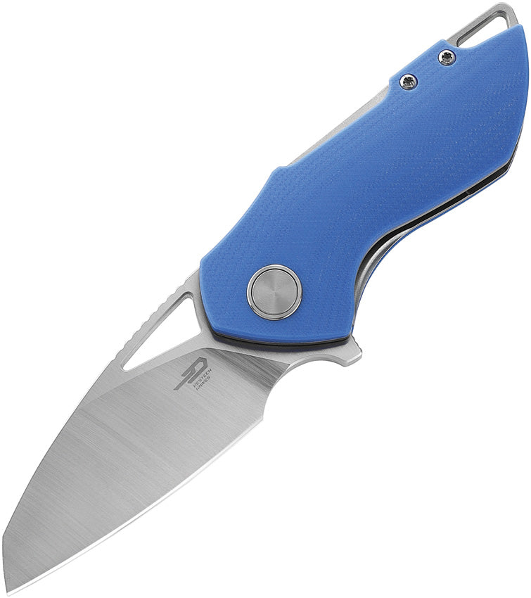 A folding knife with a blue G10 handle and a satin finish 154CM stainless blade, featuring an extended tang, lanyard hole, thumb pull, and pocket clip. The knife is partially open, displaying the blade and the handle.