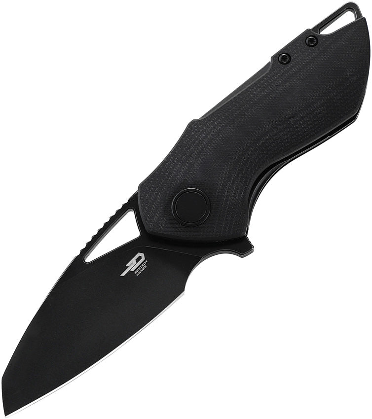 A black folding knife with a stonewash finish blade and black G10 handle, featuring a linerlock mechanism, pocket clip, and thumb pull.