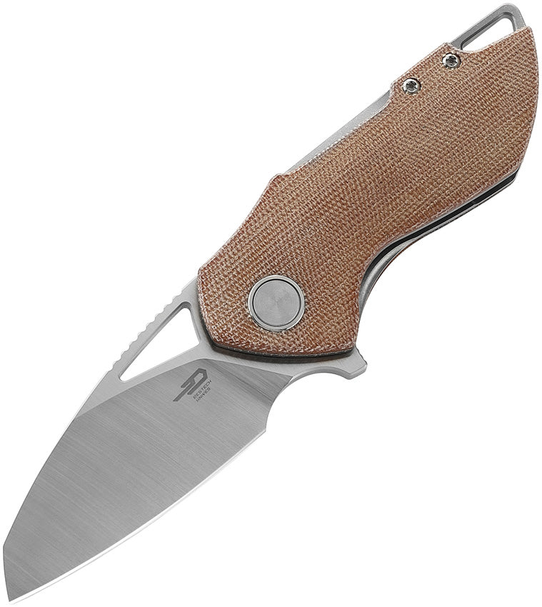 A folded knife with a satin finish blade and a brown canvas micarta handle, featuring a linerlock mechanism.