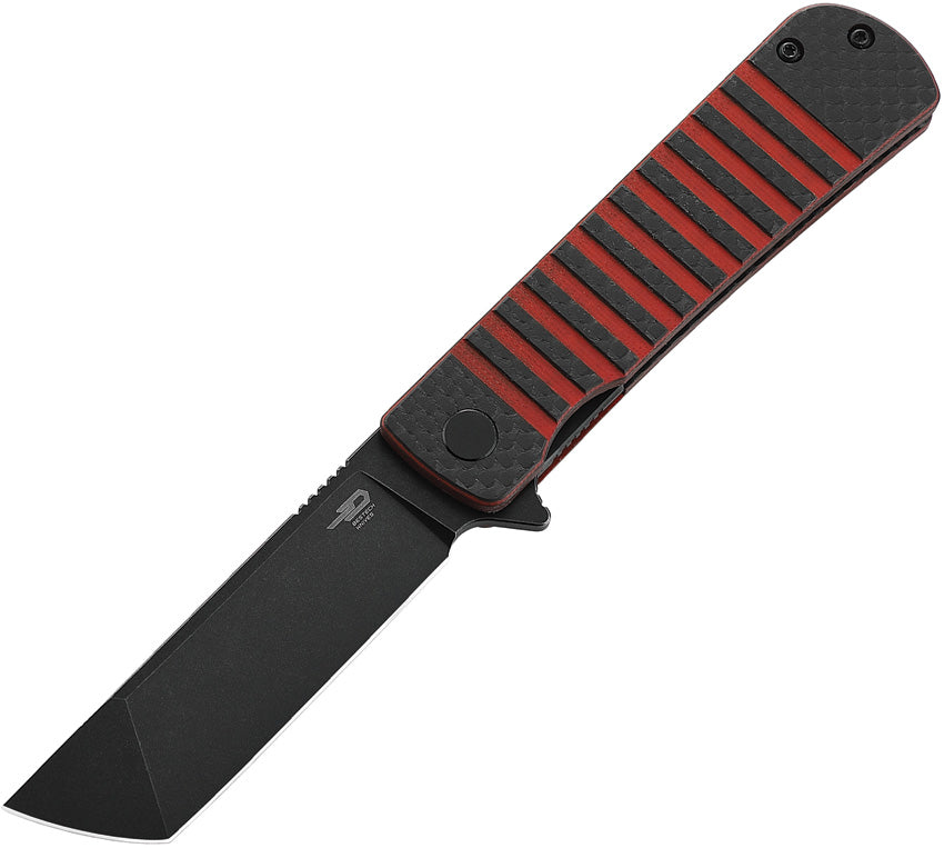 A folded knife with a black stonewash finish blade, red G10 and carbon fiber handle, and a black pocket clip.