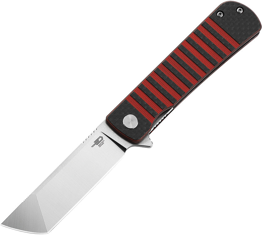 A folded knife with a stonewash finish blade, black and red G10 and carbon fiber handle, and a pocket clip. The knife is partially open, displaying the blade and the handle.