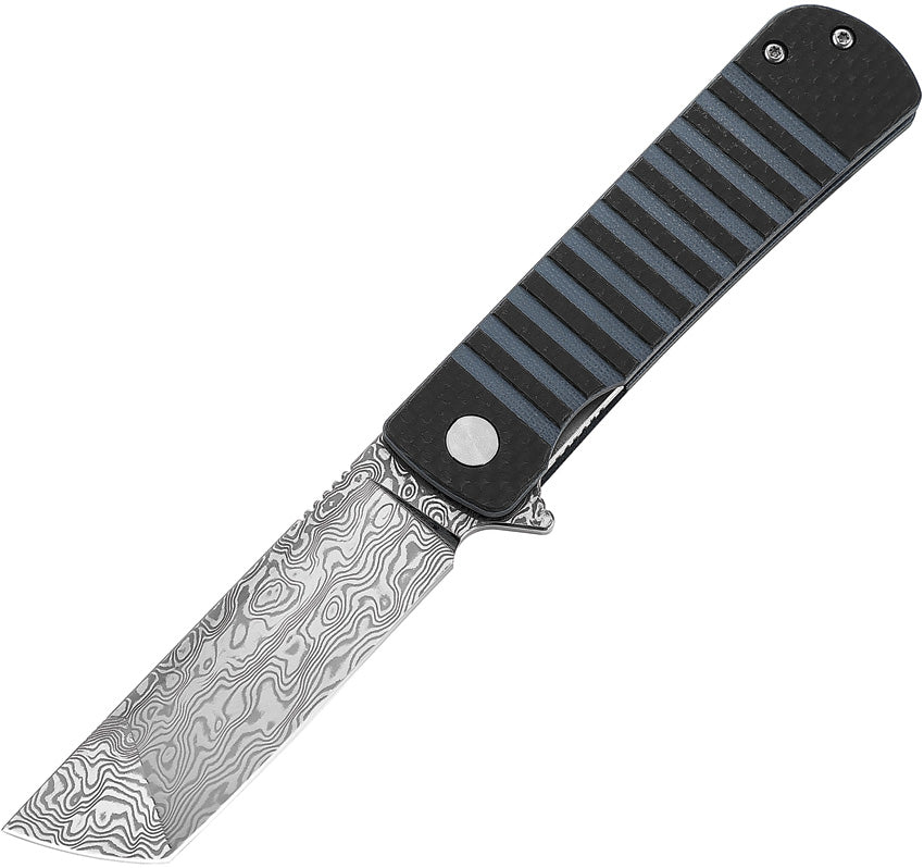 A folded Damascus steel knife with a tanto blade design, featuring a blue G10 and carbon fiber handle with black accents, and a Damascus patterned blade.