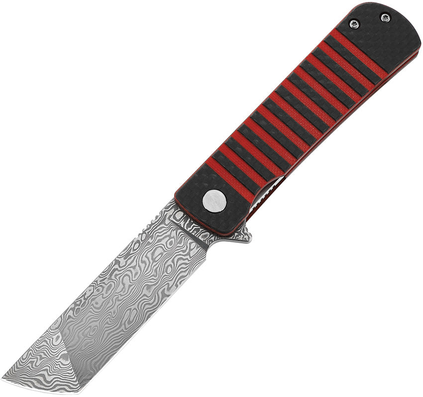 A folded Damascus steel knife with a tanto point design, featuring a red G10 and carbon fiber handle with black accents, and a Damascus patterned blade. The knife is shown partially open, displaying the blade and the handle.