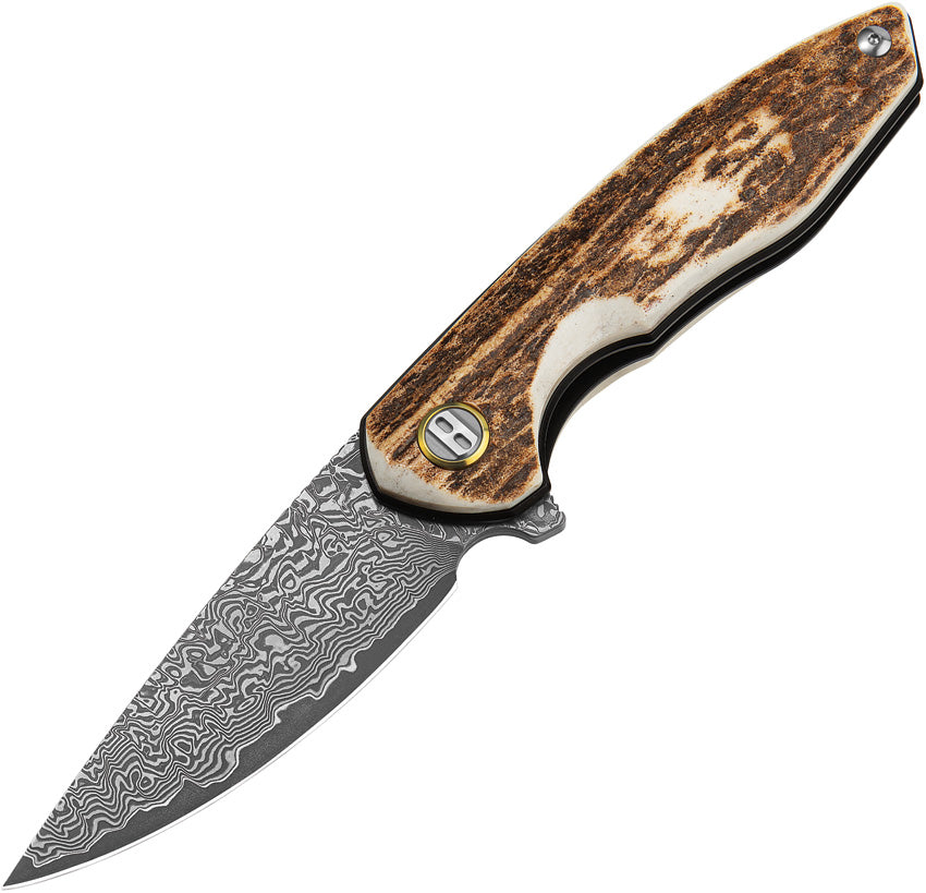 A foldable hunting knife with a Damascus steel blade and a brown and white stag handle, featuring a linerlock mechanism.