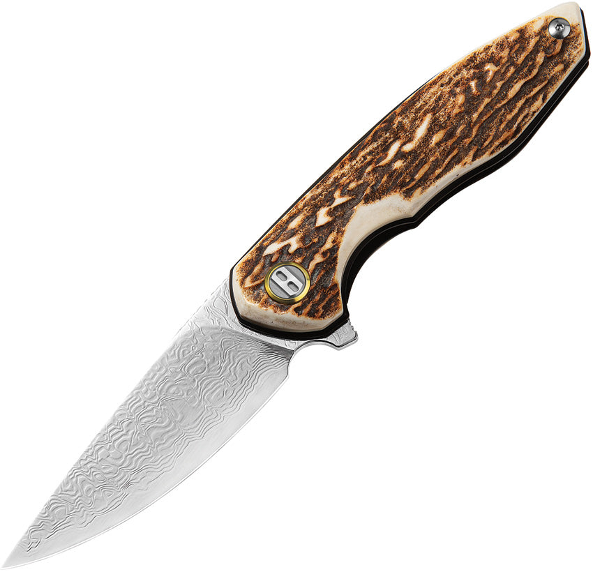 A foldable hunting knife with a Damascus steel blade and a brown stag handle, featuring a linerlock mechanism.